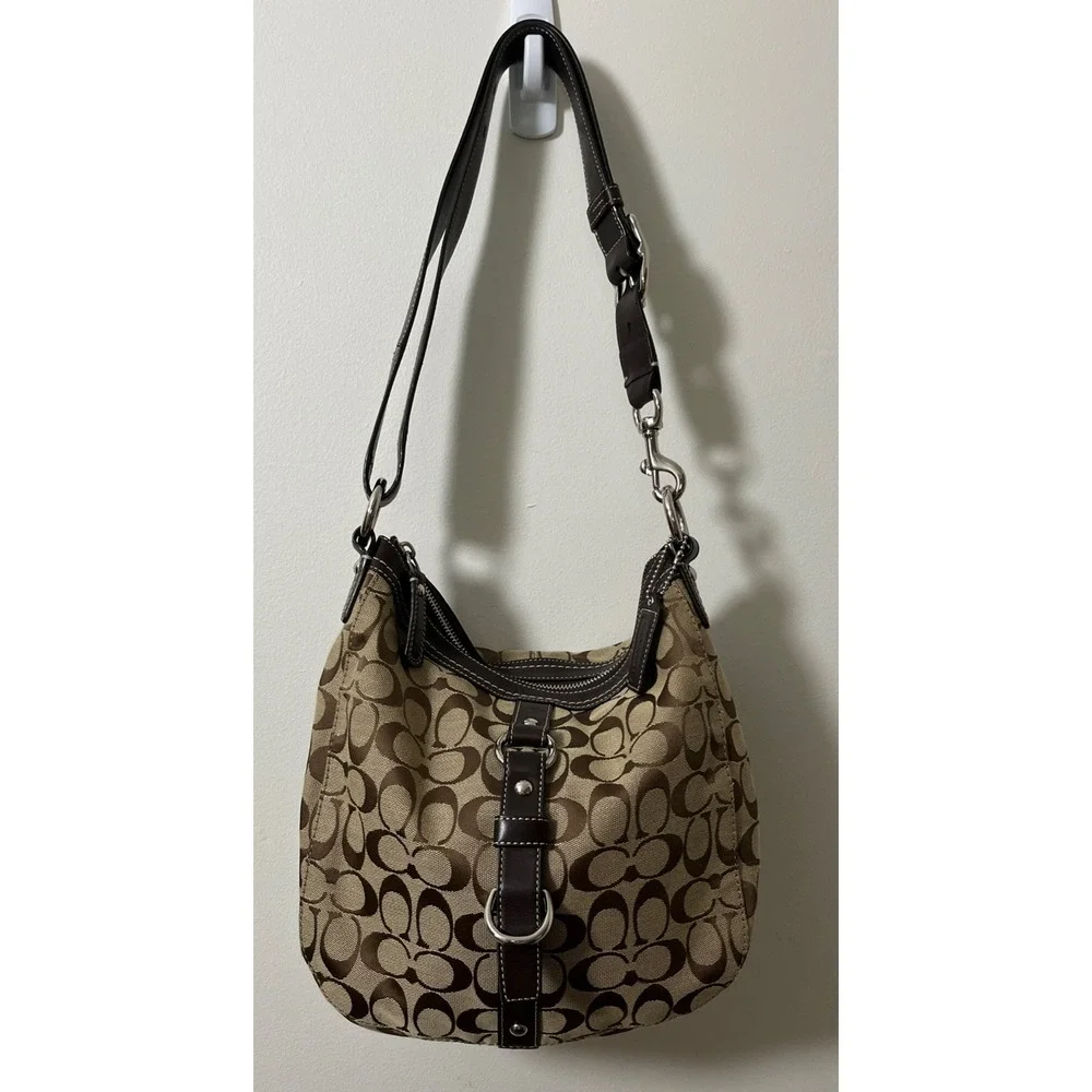Coach Shoulder Bag Xbody Signature Chelsea Khaki Brown Jacquard Leather Silver